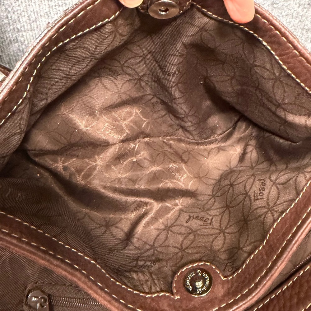 Vtg Y2K Fossil Satchel Bag Brown Pebbled Leather Top Handle Purse Key Charm EUC - Picture 13 of 15
